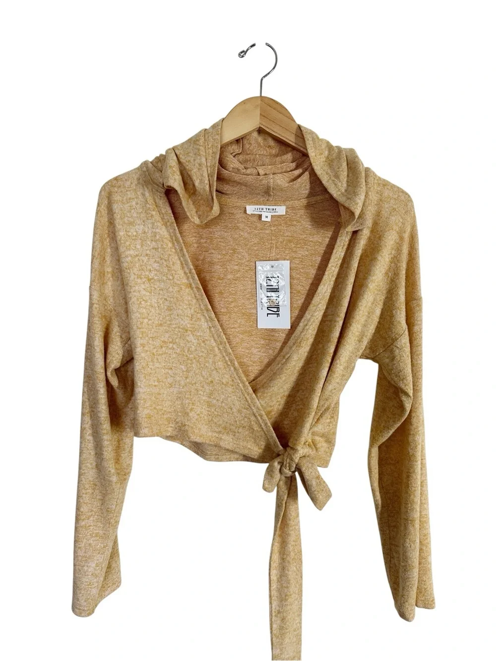 12th Tribe Tie Front Cardigan Sweater Cropped Hooded Size M